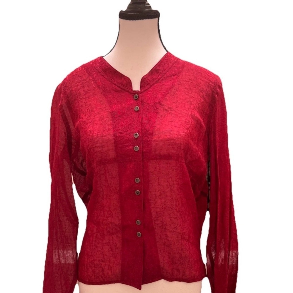 J.Jill Blouse Ruby Red Crinkle Damask Sheer Small Long Sleeve Mandarin Collar